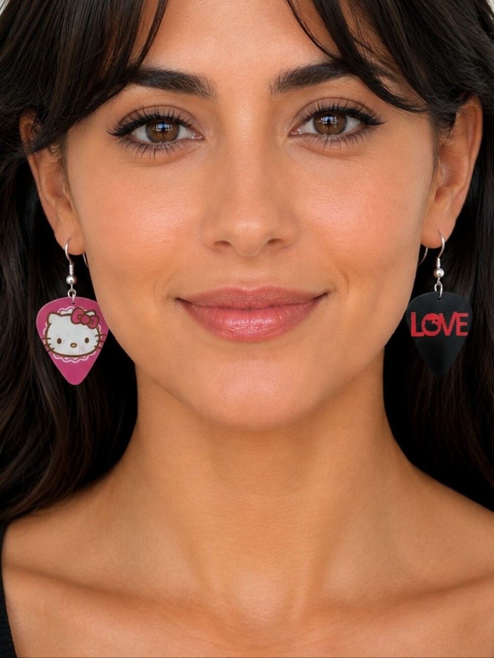 Handcrafted Hello Kitty Inspired Guitar Pick Dangle Earrings Mismatched Pair